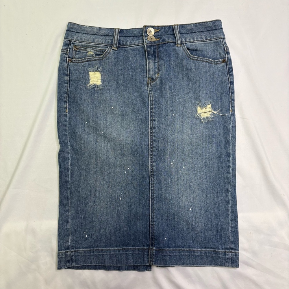 DKNY Denim Knee Length Pencil Skirt Women’s 4 Distressed Paint Splatter Effect
